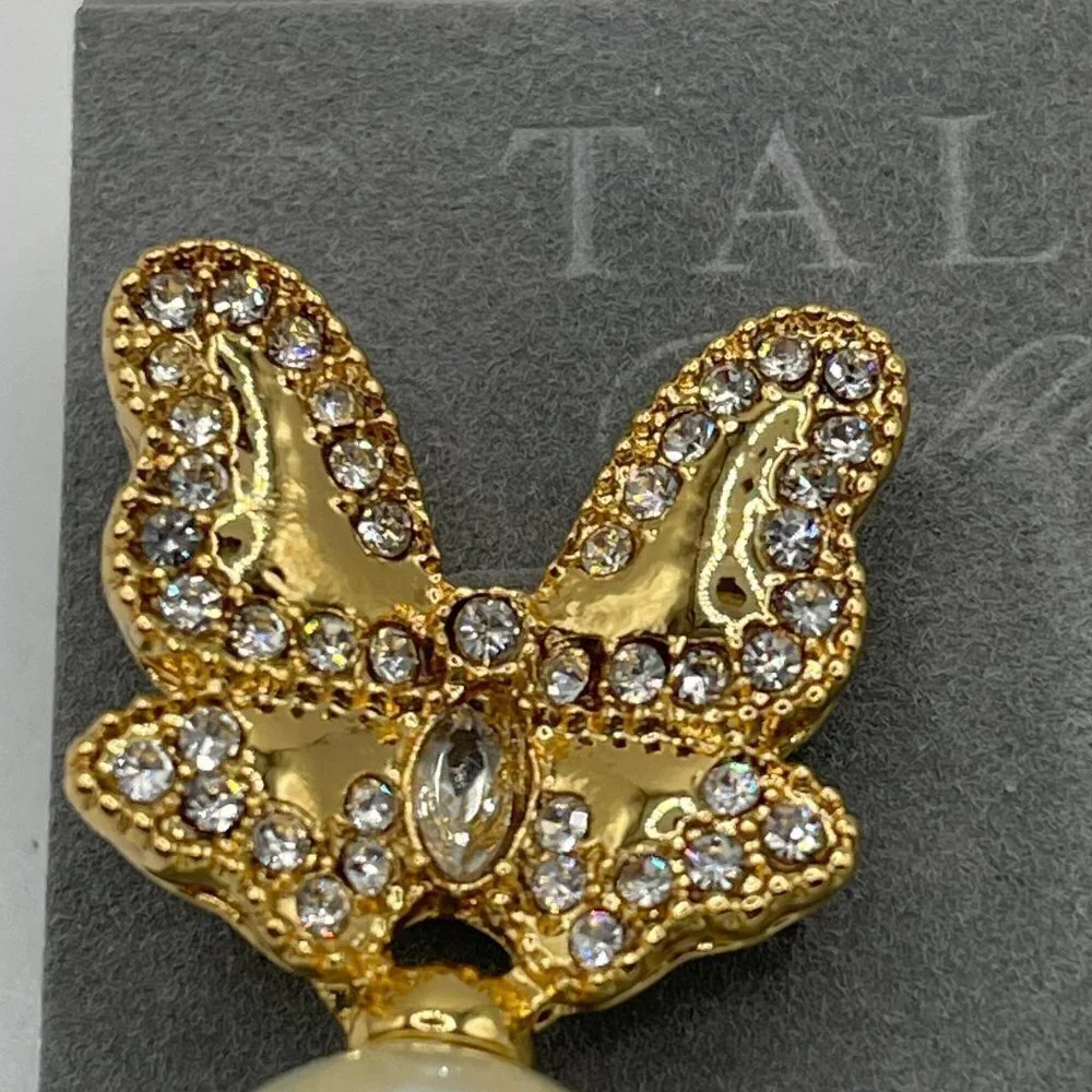 NWT Talbots Gold Pave Butterfly Round Pearl Drop Pierced Earrings